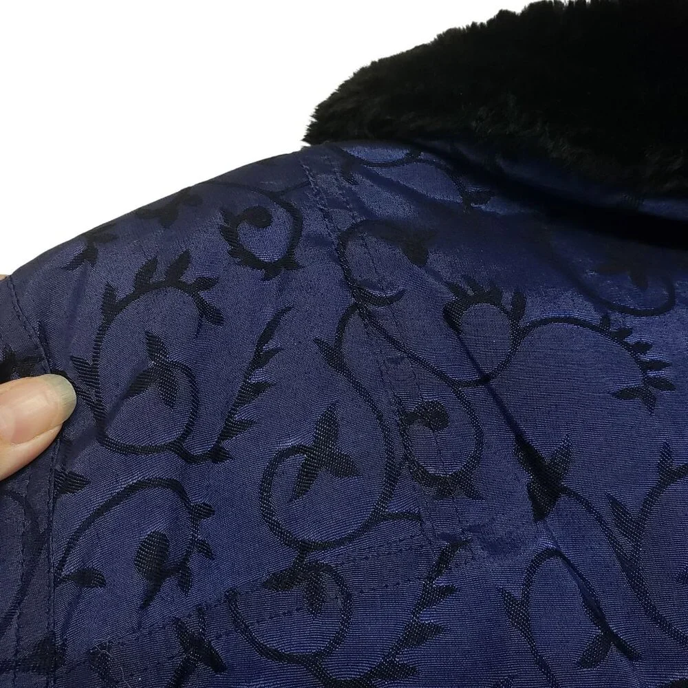 Vintage Nils Down Fill Ski Jacket Winter Coat Fur Trim Blue Jacquard Print Retro - Picture 15 of 16